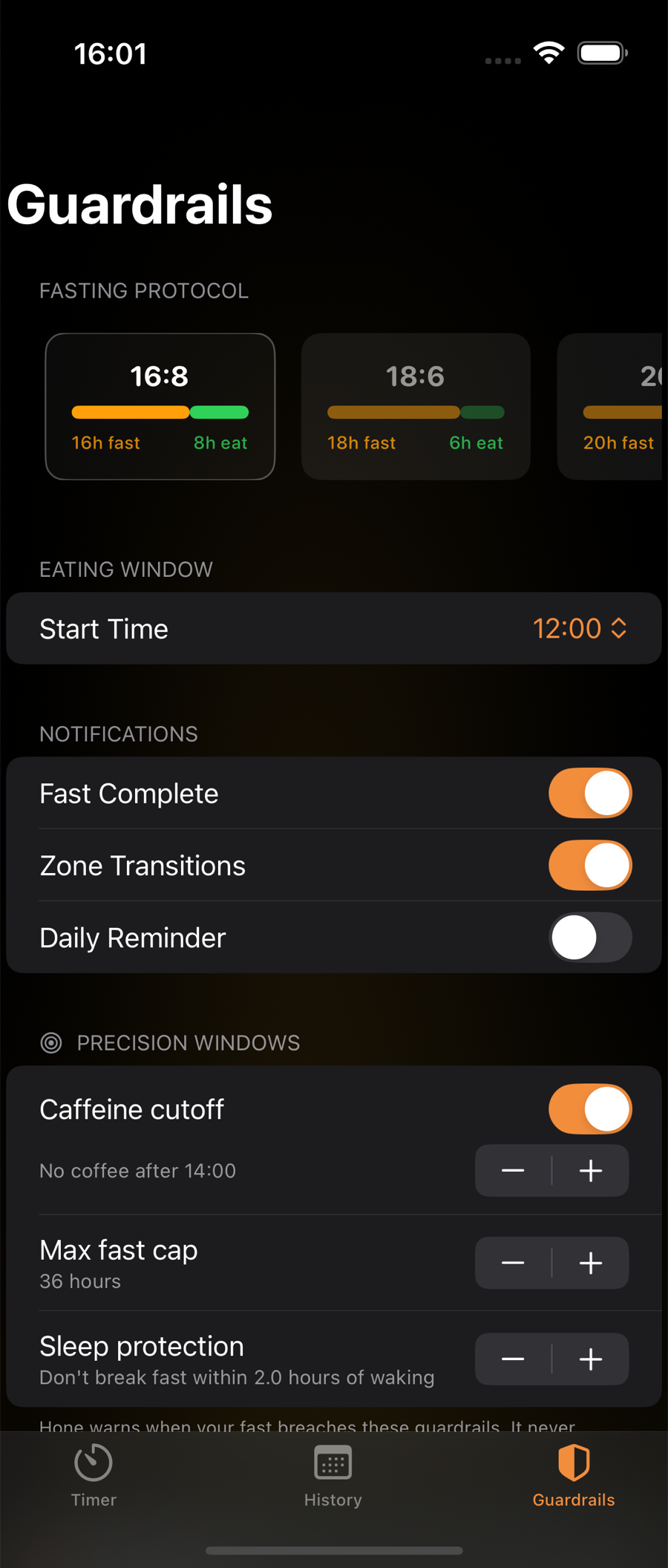 Hone settings screen with Precision Window guardrails